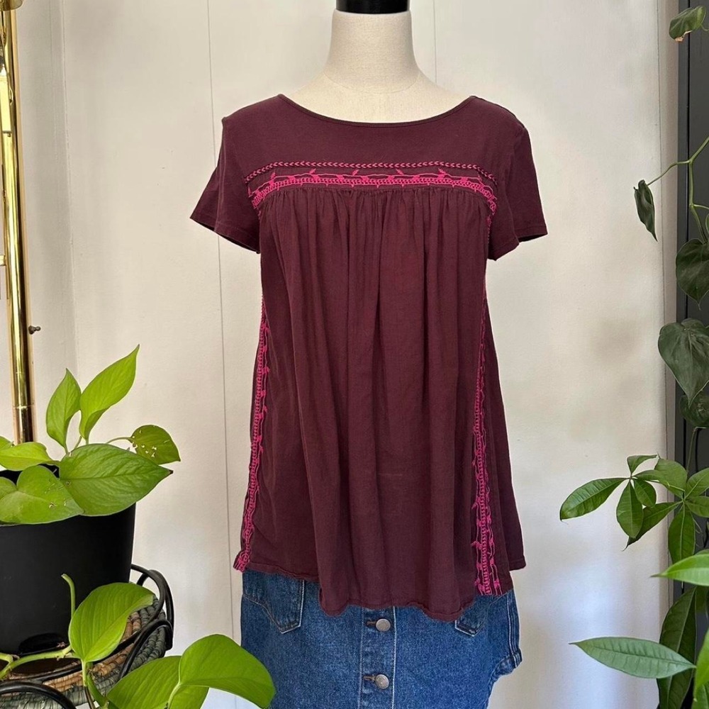 Loft Outlet Womens Burgundy Fuchsia Pink Embroidered Relaxed Fit Blouse Small